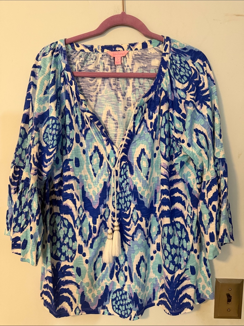 Lilly Pulitzer Pineapple Ikat Tassel Top Blue Aqua Large Boho Tunic